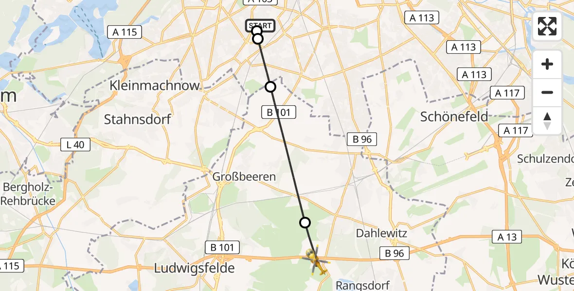Flugroute Rettungshubschrauber Charité Clinic Benjamin Franklin Campus - Blankenfelde-Mahlow, 02 Juli 2026, 16:51