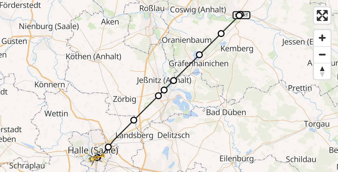 Flugroute Rettungshubschrauber Paul-Gerhardt-Stift Evangelical Hospital - BG Hospital Bergmannstrost Halle, 02 Juli 2026, 16:51