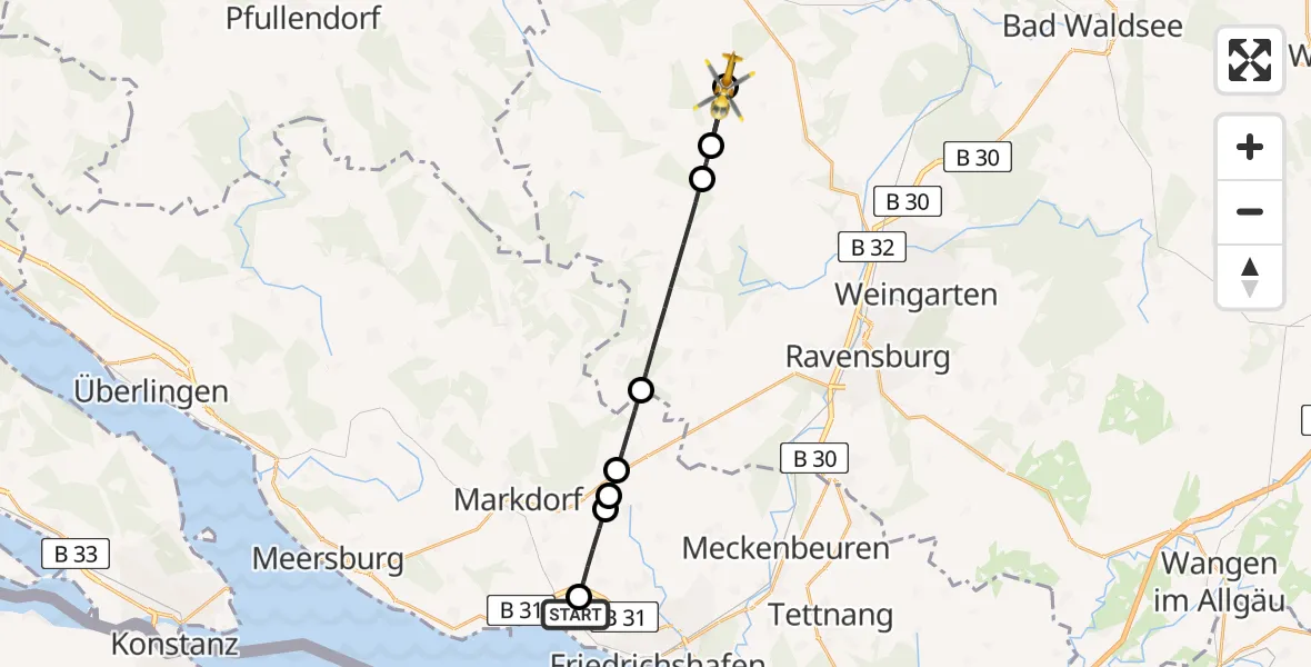 Flugroute Rettungshubschrauber Friedrichshafen Hospital - Ebenweiler, 02 Juli 2026, 16:58
