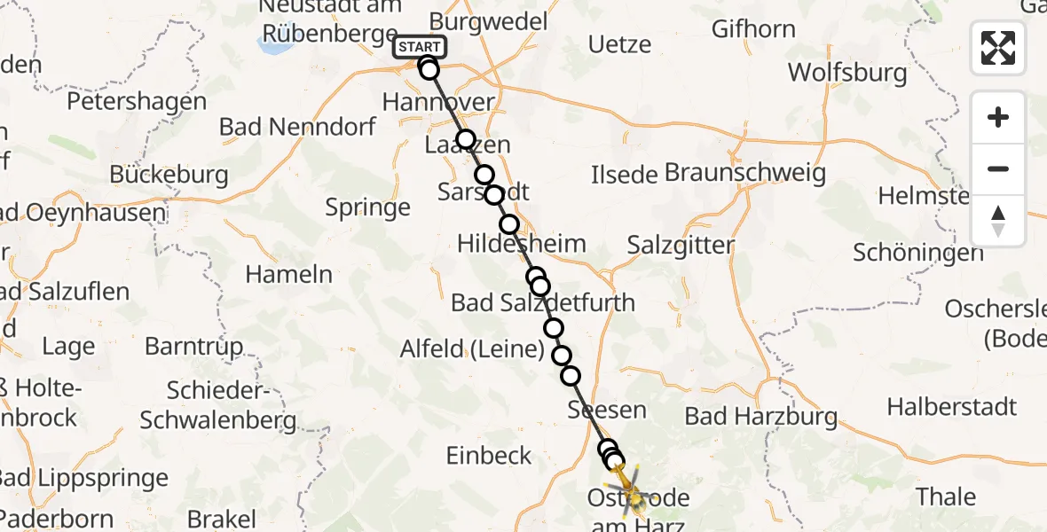 Flugroute Rettungshubschrauber Flughafen Hannover - Bad Grund (Harz), 02 Juli 2026, 17:04