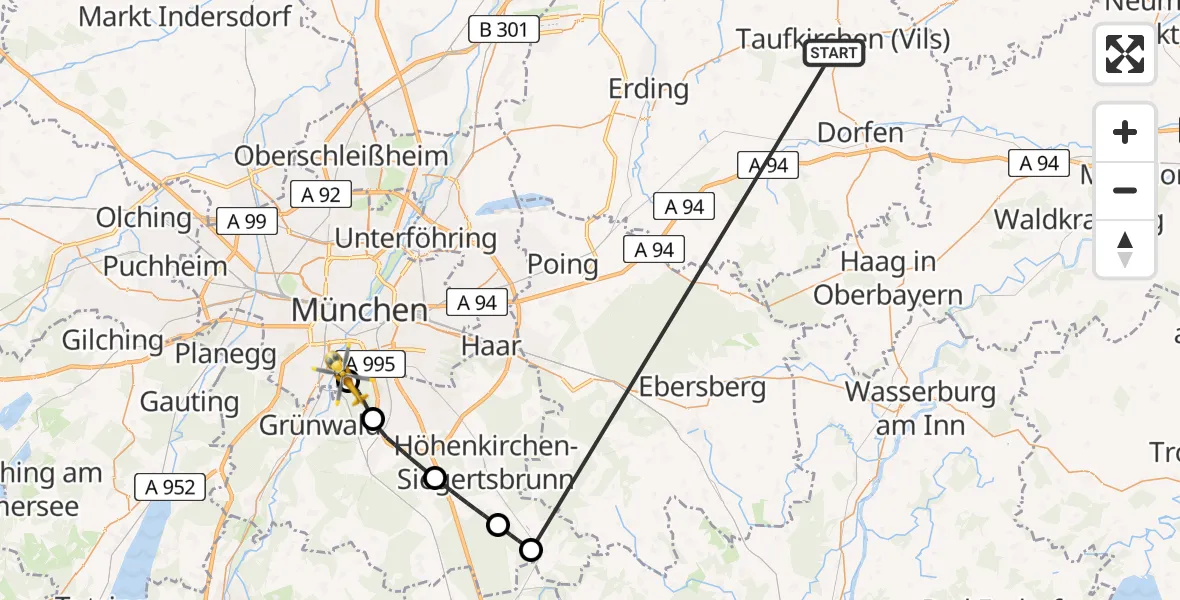 Flugroute Rettungshubschrauber Taufkirchen (Vils) - ADAC Air Rescue Center Hubschrauberlandeplatz (Christoph 1), 02 Juli 2026, 17:07