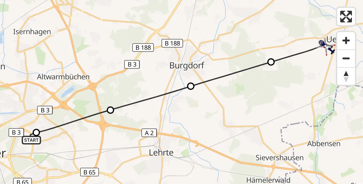 Flugroute Polizeihubschrauber Hannover Luftrettung Hubschrauberlandeplatz (Christoph 4) - Uetze, 02 Juli 2026, 17:13