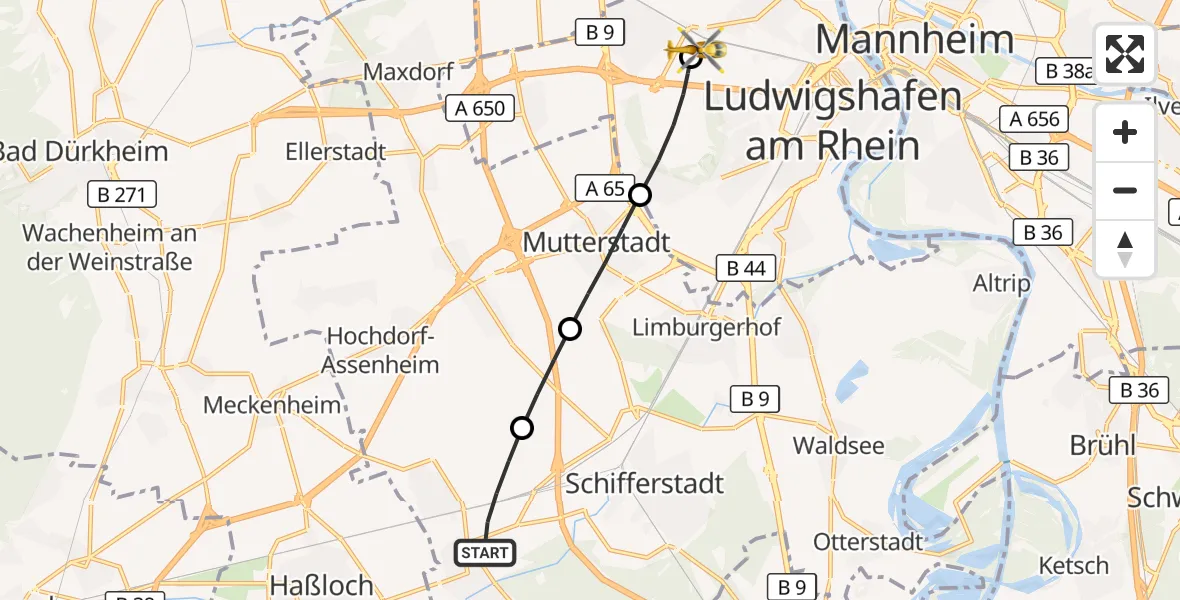 Flugroute Rettungshubschrauber Böhl-Iggelheim - Ludwigshafen Accident Hospital, 02 Juli 2026, 17:13
