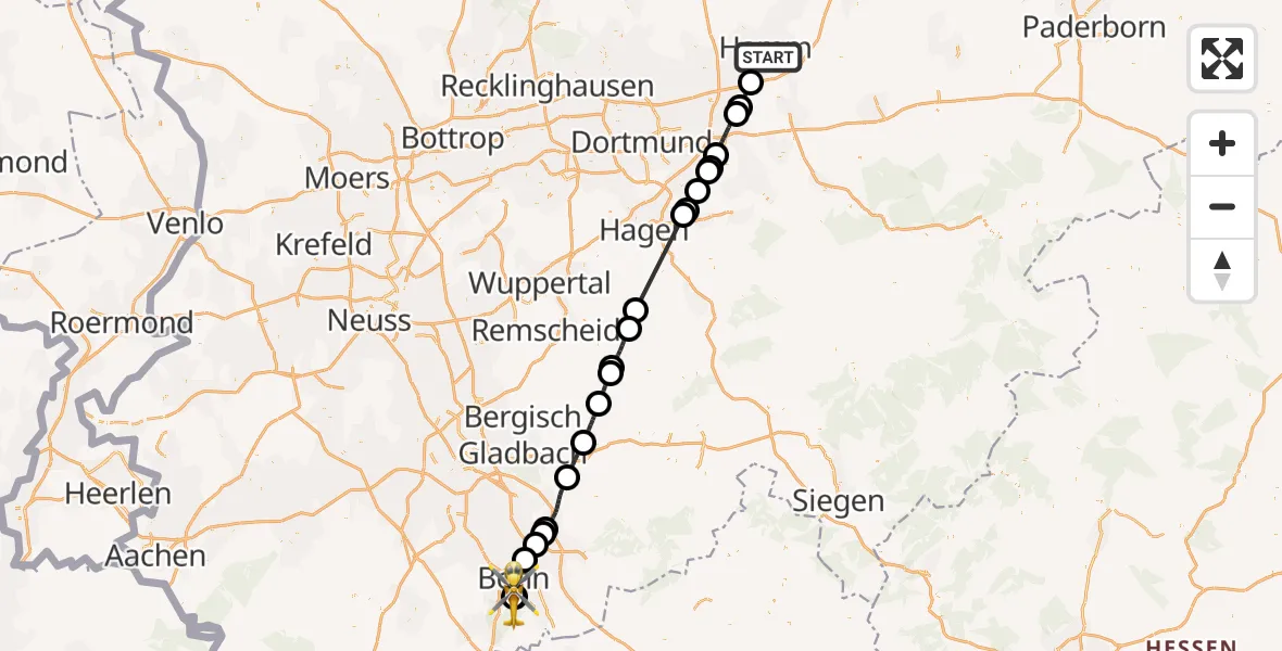 Flugroute Rettungshubschrauber Hamm - Bonn University Hospital, 02 Juli 2026, 17:16