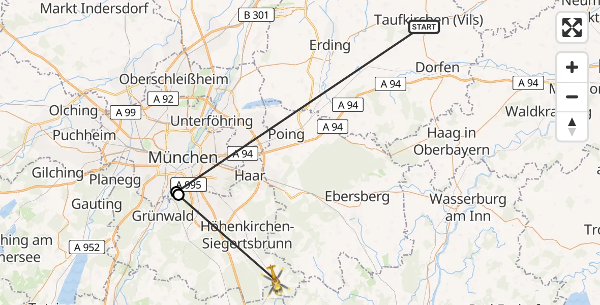Flugroute Rettungshubschrauber Taufkirchen (Vils) - Aying, 02 Juli 2026, 17:24