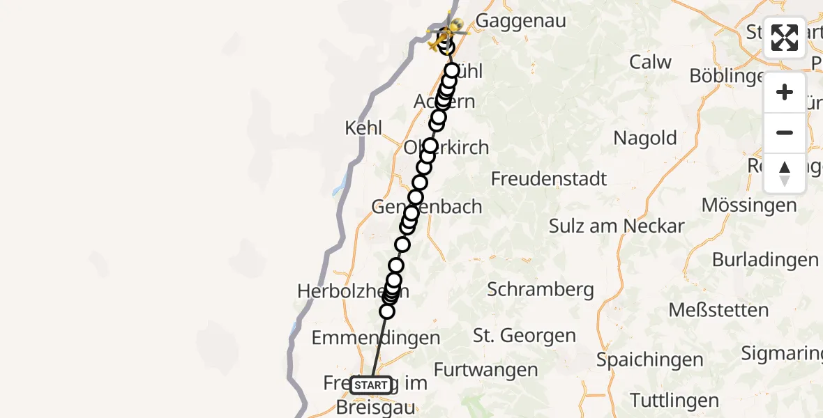 Flugroute Ambulanzhubschrauber Freiburg im Breisgau Flugplatz - Karlsruhe Baden-Baden Flughafen, 02 Juli 2026, 17:25