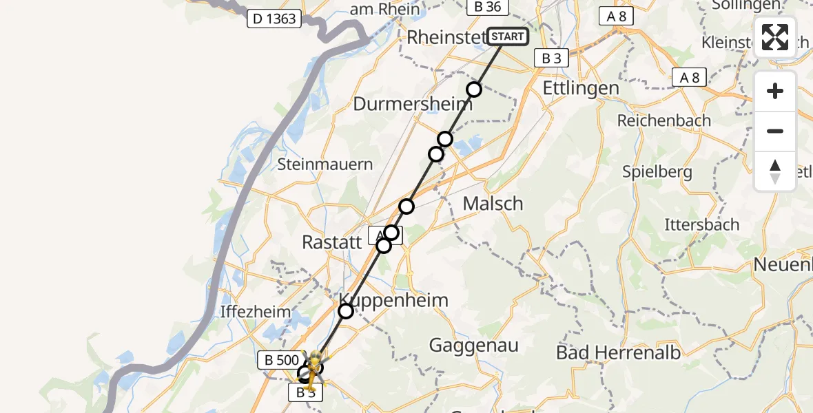 Flugroute Ambulanzhubschrauber Rheinstetten - Baden-Oos Flugplatz, 02 Juli 2026, 17:32