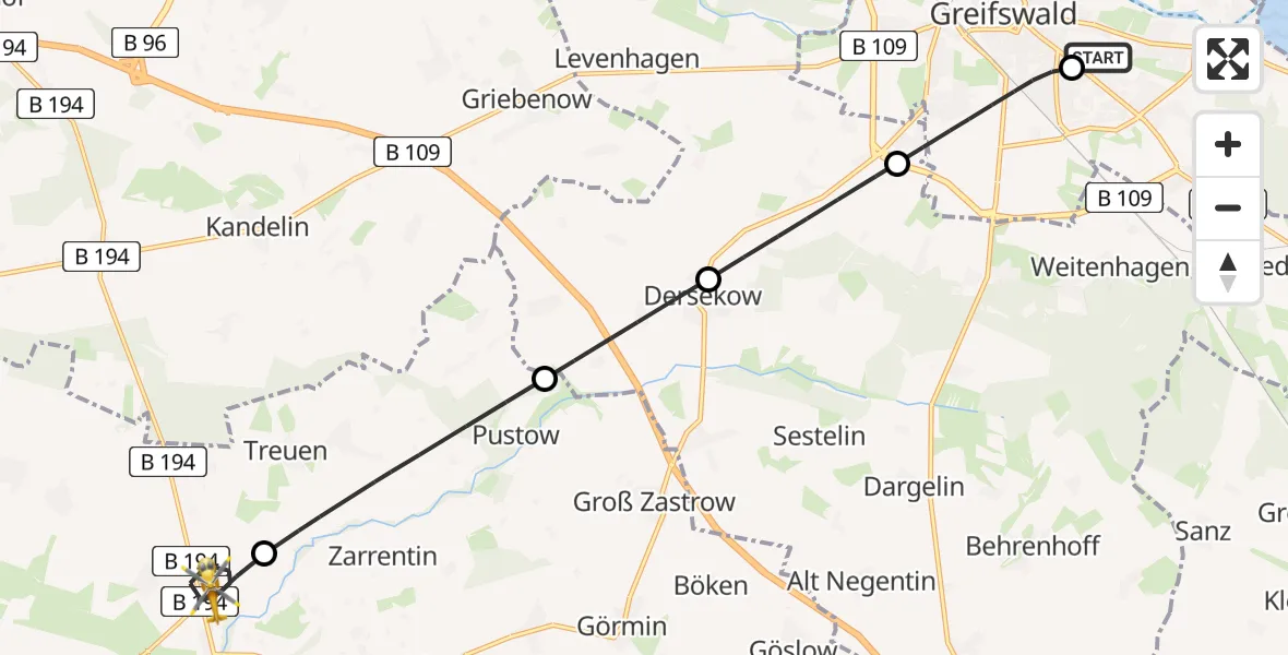 Flugroute Rettungshubschrauber Greifswald Hospital - Loitz, 02 Juli 2026, 17:32