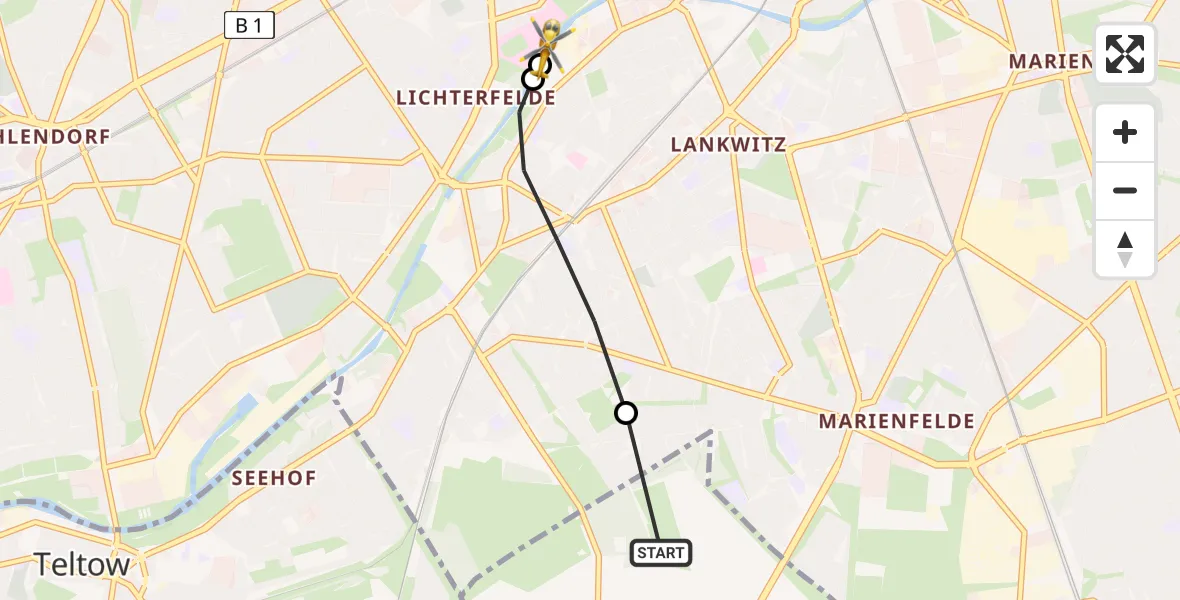 Flugroute Rettungshubschrauber Großbeeren - Charité Clinic Benjamin Franklin Campus, 02 Juli 2026, 17:32