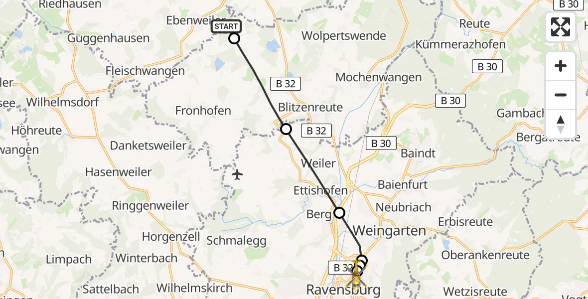 Flugroute Rettungshubschrauber Ebenweiler - Sankt Elisabeth Hospital, 02 Juli 2026, 17:32