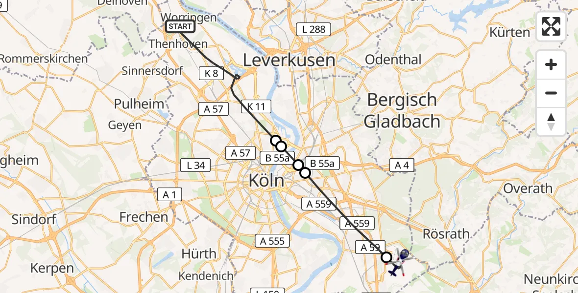Flugroute Polizeihubschrauber Köln - Köln Bonn Flughafen, 02 Juli 2026, 17:35