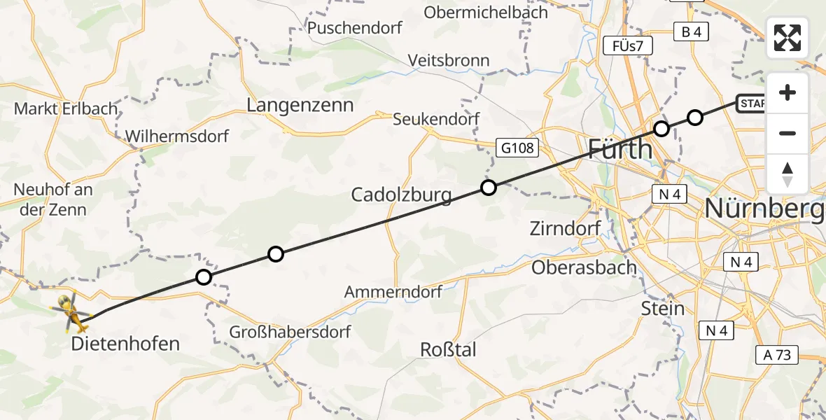 Flugroute Ambulanzhubschrauber Flughafen Nuremberg - Dietenhofen, 02 Juli 2026, 17:41