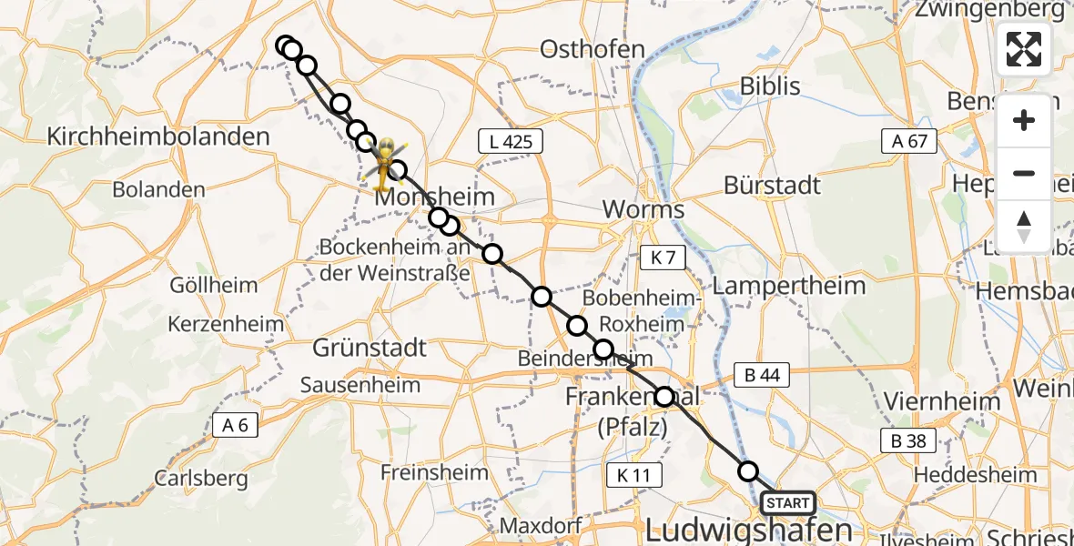 Flugroute Ambulanzhubschrauber Mannheim - Mölsheim, 02 Juli 2026, 17:44