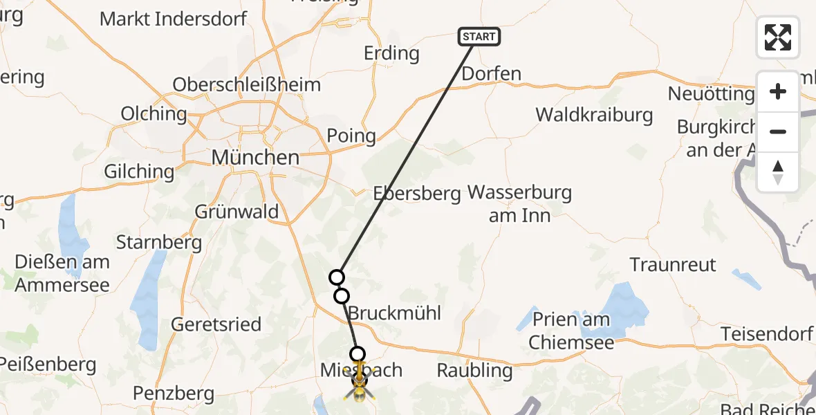 Flugroute Rettungshubschrauber Taufkirchen (Vils) - Agatharied Krankenhaus Hubschrauberlandeplatz, 02 Juli 2026, 17:47