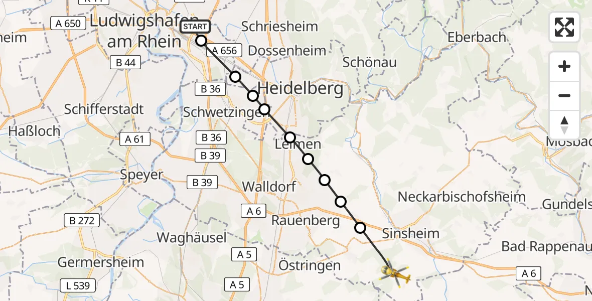 Flugroute Rettungshubschrauber Mannheim-City Flughafen - Sinsheim, 02 Juli 2026, 17:49