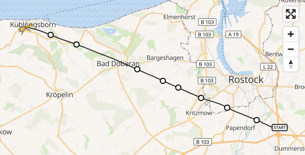 Flugroute Ambulanzhubschrauber Dummerstorf - Kühlungsborn, 02 Juli 2026, 17:52
