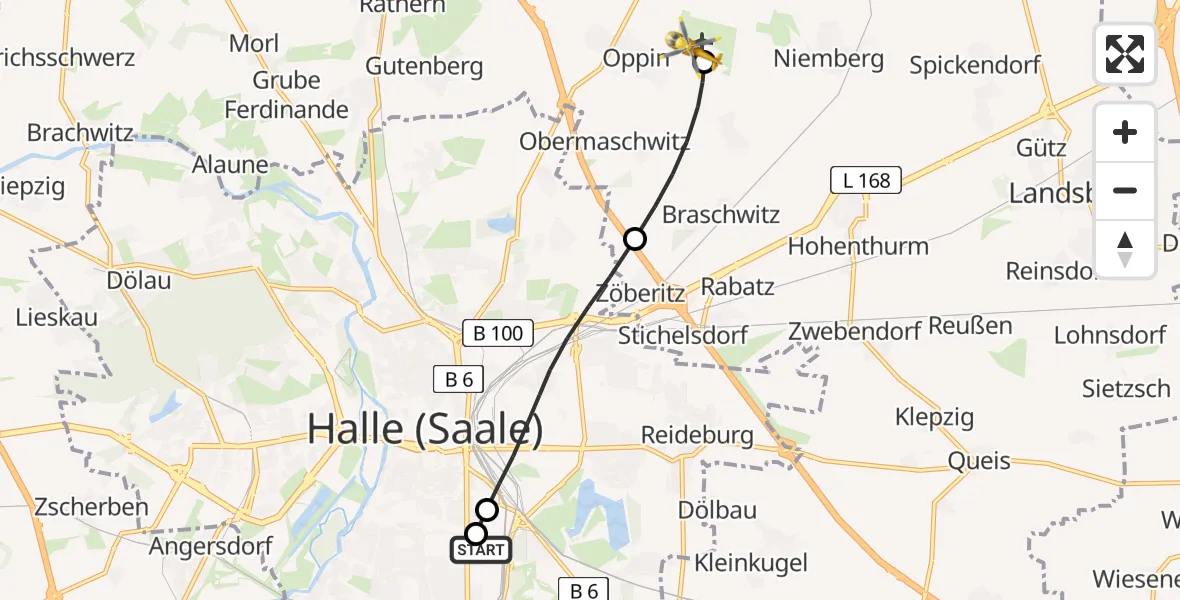 Flugroute Rettungshubschrauber BG Hospital Bergmannstrost Halle - Halle-Oppin Flugplatz, 02 Juli 2026, 17:55
