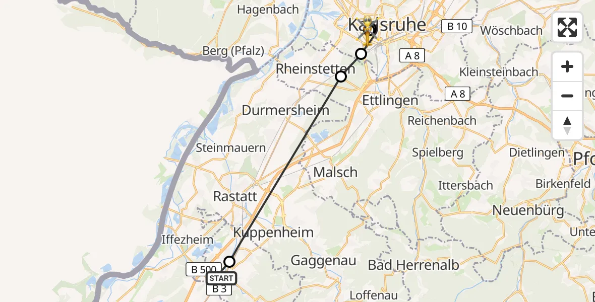 Flugroute Ambulanzhubschrauber Baden-Oos Flugplatz - Sankt Vincentius Hospital, 02 Juli 2026, 18:08