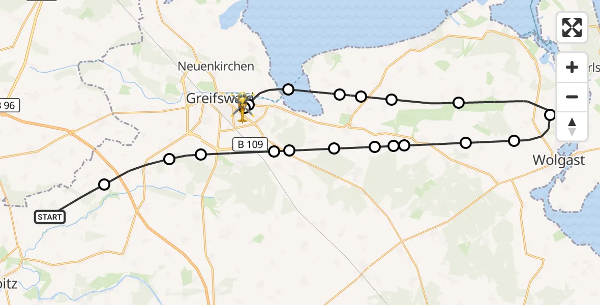 Flugroute Rettungshubschrauber Sassen-Trantow - Greifswald Hospital, 02 Juli 2026, 18:14