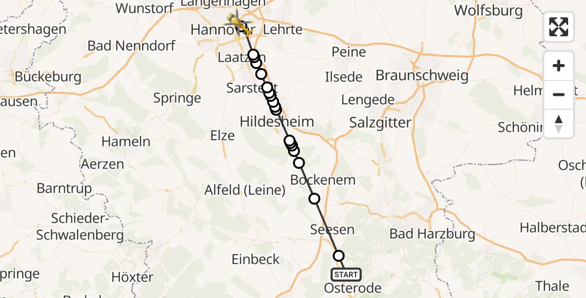 Flugroute Rettungshubschrauber Bad Grund (Harz) - Hannover Luftrettung Hubschrauberlandeplatz (Christoph 4), 02 Juli 2026, 18:14