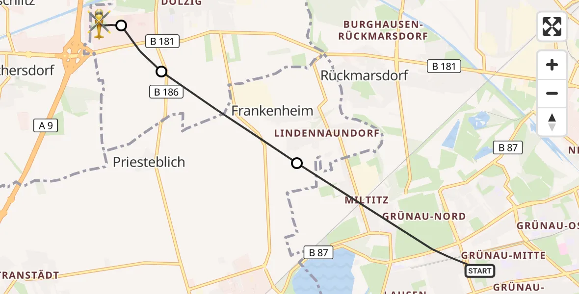 Flugroute Rettungshubschrauber Leipzig - ADAC Air Rescue Station Leipzig/Schkeuditz-Dölzig Hubschrauberlandeplatz (Christoph 61), 02 Juli 2026, 18:20