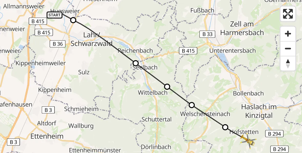 Flugroute Rettungshubschrauber Lahr Flughafen - Hofstetten, 02 Juli 2026, 18:23