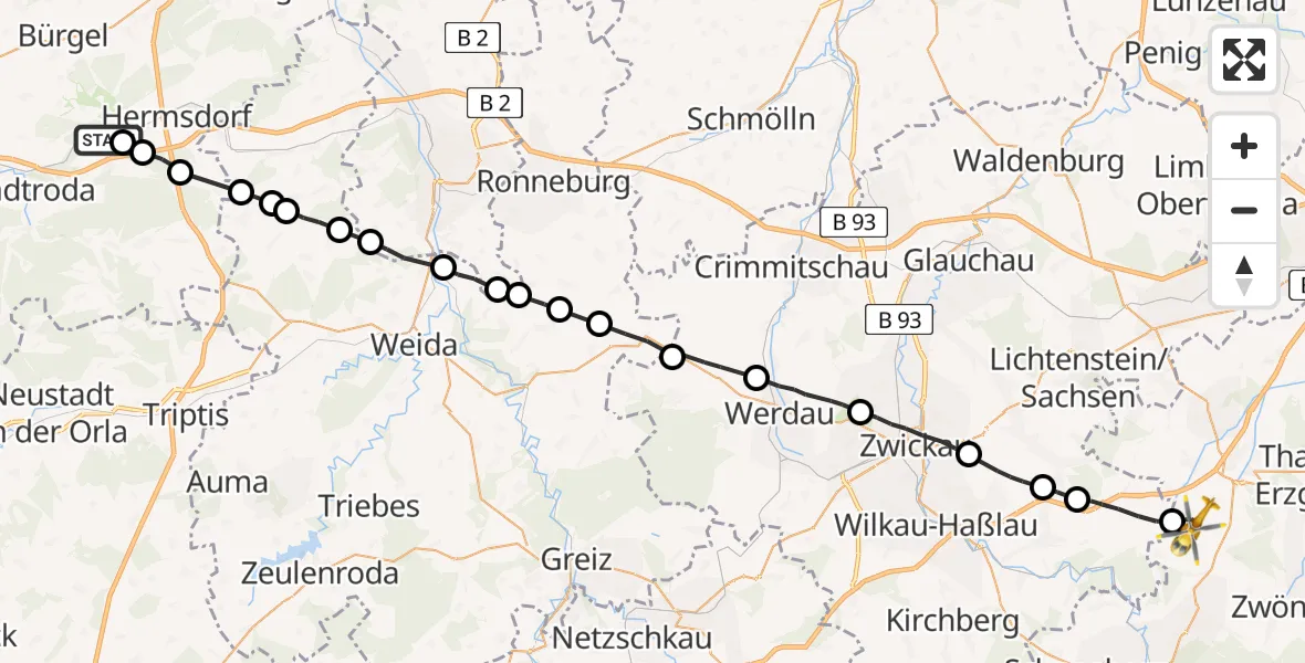 Flugroute Rettungshubschrauber Bobeck - Stollberg/Erzgeb., 02 Juli 2026, 18:23