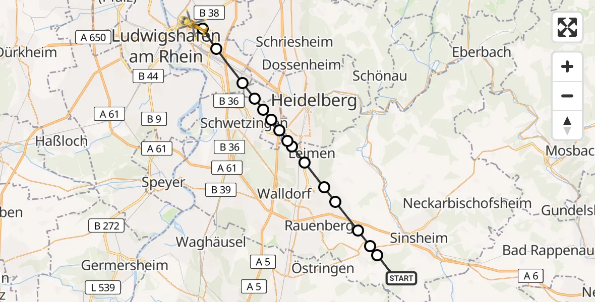 Flugroute Rettungshubschrauber Sinsheim - Mannheim, 02 Juli 2026, 18:27