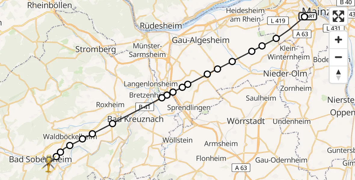 Flugroute Rettungshubschrauber Mainz University Hospital - Staudernheim, 02 Juli 2026, 18:28