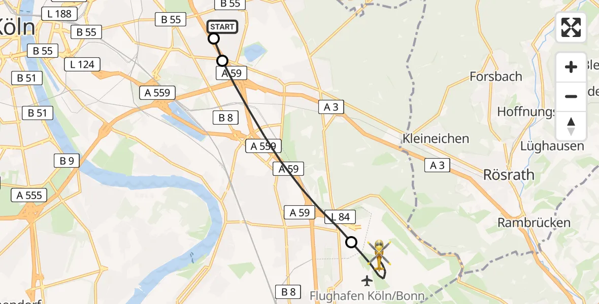 Flugroute Ambulanzhubschrauber Merheim Hospital - Köln Bonn Flughafen, 02 Juli 2026, 18:29