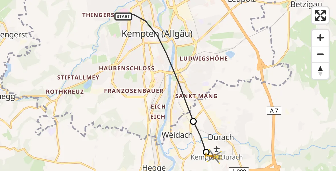 Flugroute Rettungshubschrauber Kempten (Allgäu) - Kempten-Durach Flugplatz, 02 Juli 2026, 18:34