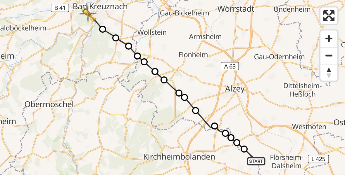 Flugroute Ambulanzhubschrauber Mölsheim - Bad Kreuznach, 02 Juli 2026, 18:34