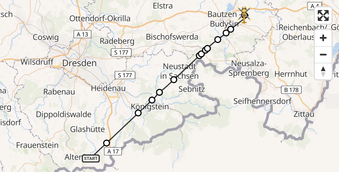 Flugroute Rettungshubschrauber Altenberg - Bautzen Flugplatz, 02 Juli 2026, 18:35