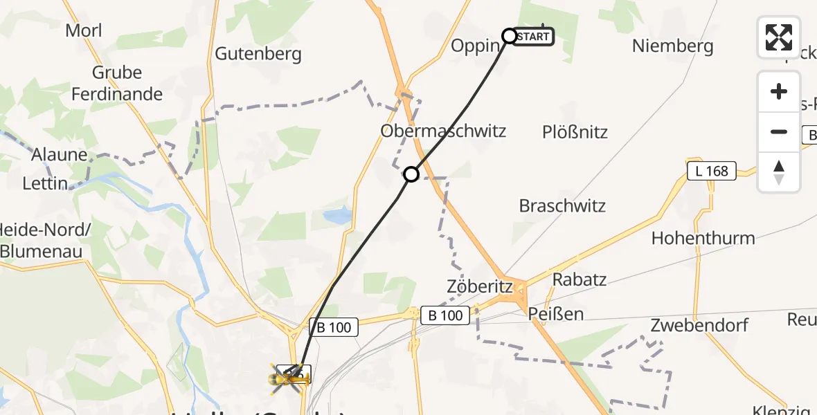 Flugroute Rettungshubschrauber Halle-Oppin Flugplatz - Halle (Saale), 02 Juli 2026, 18:41