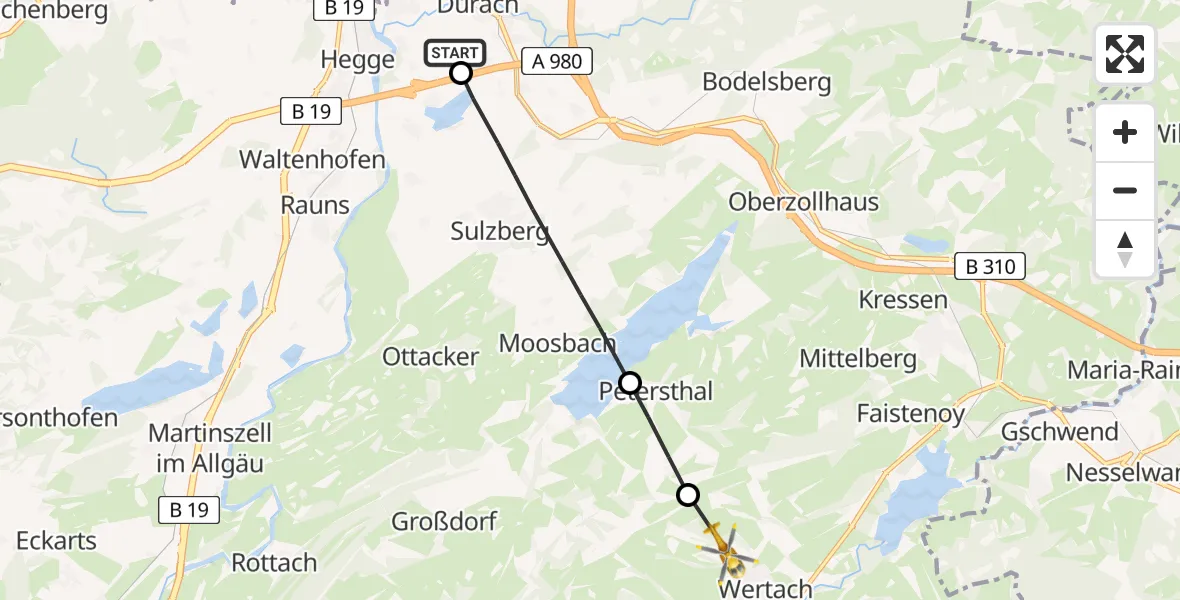 Flugroute Rettungshubschrauber Kempten-Durach Flugplatz - Wertach, 02 Juli 2026, 18:43