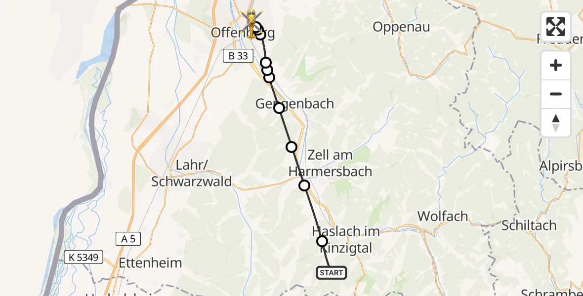 Flugroute Rettungshubschrauber Hofstetten - Offenburg, 02 Juli 2026, 18:50