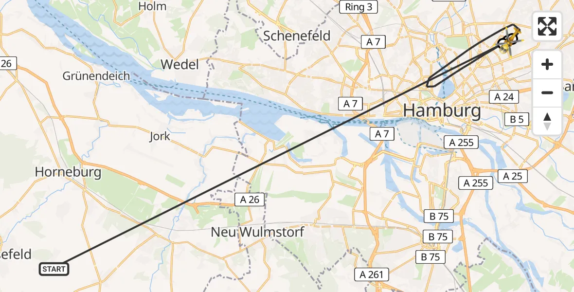 Flugroute Rettungshubschrauber Harsefeld - Hamburg Military Hospital, 02 Juli 2026, 18:50