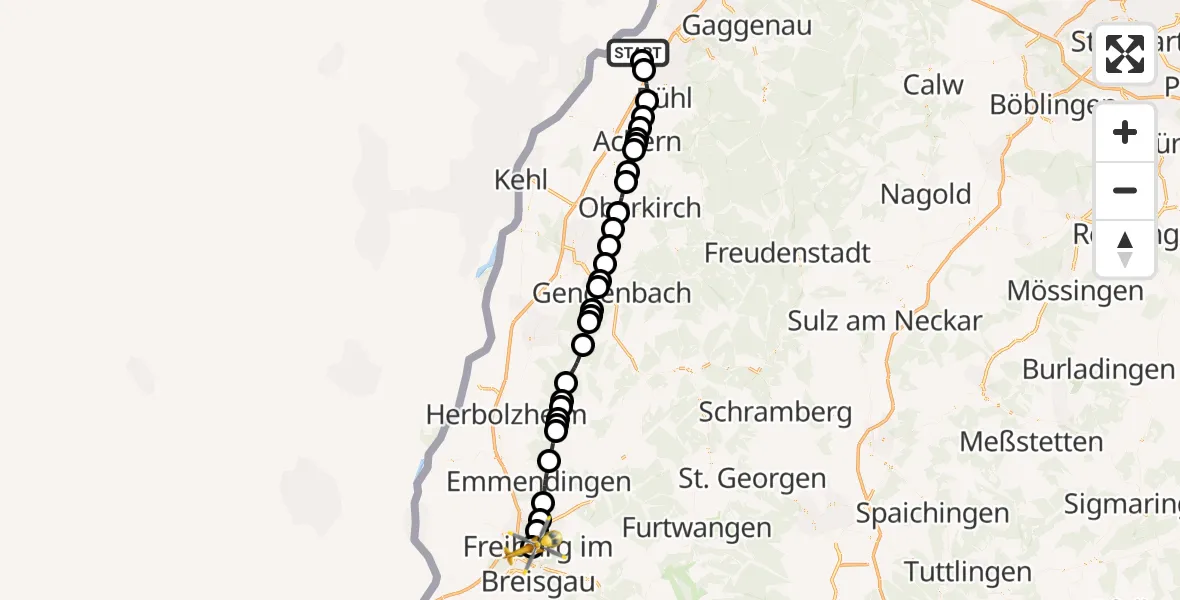 Flugroute Rettungshubschrauber Rheinmünster - Freiburg im Breisgau Flugplatz, 02 Juli 2026, 18:51