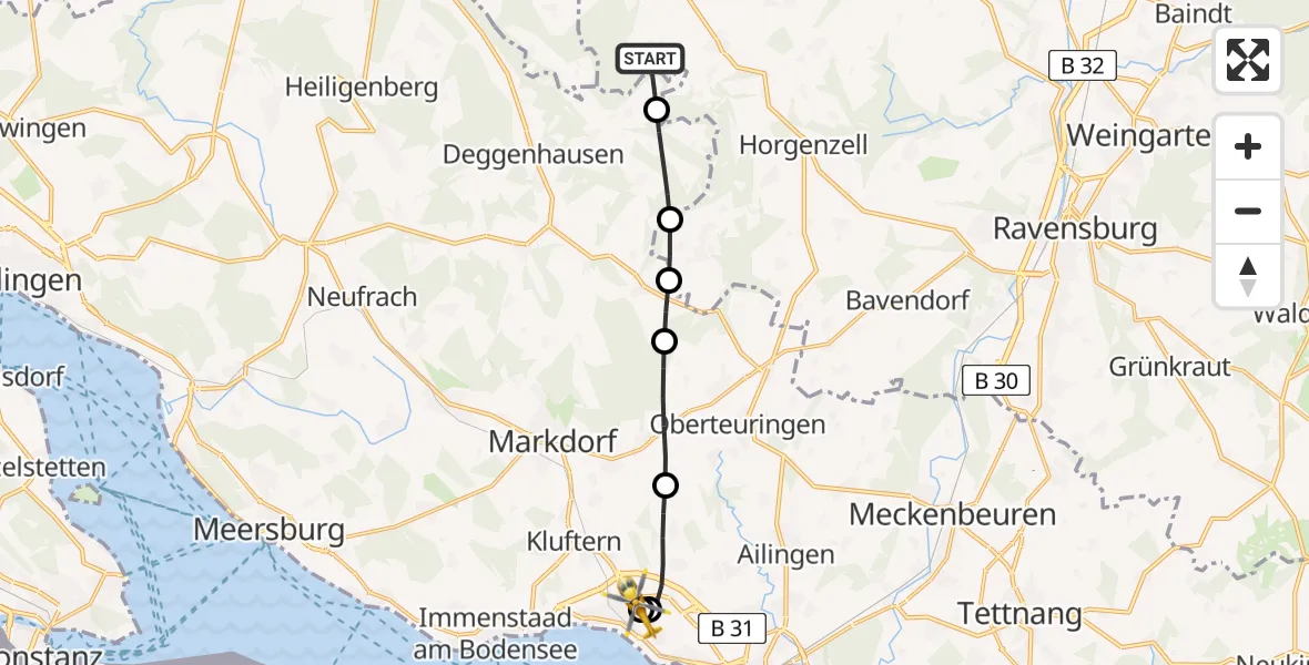 Flugroute Rettungshubschrauber Horgenzell - Friedrichshafen Hospital, 02 Juli 2026, 18:51