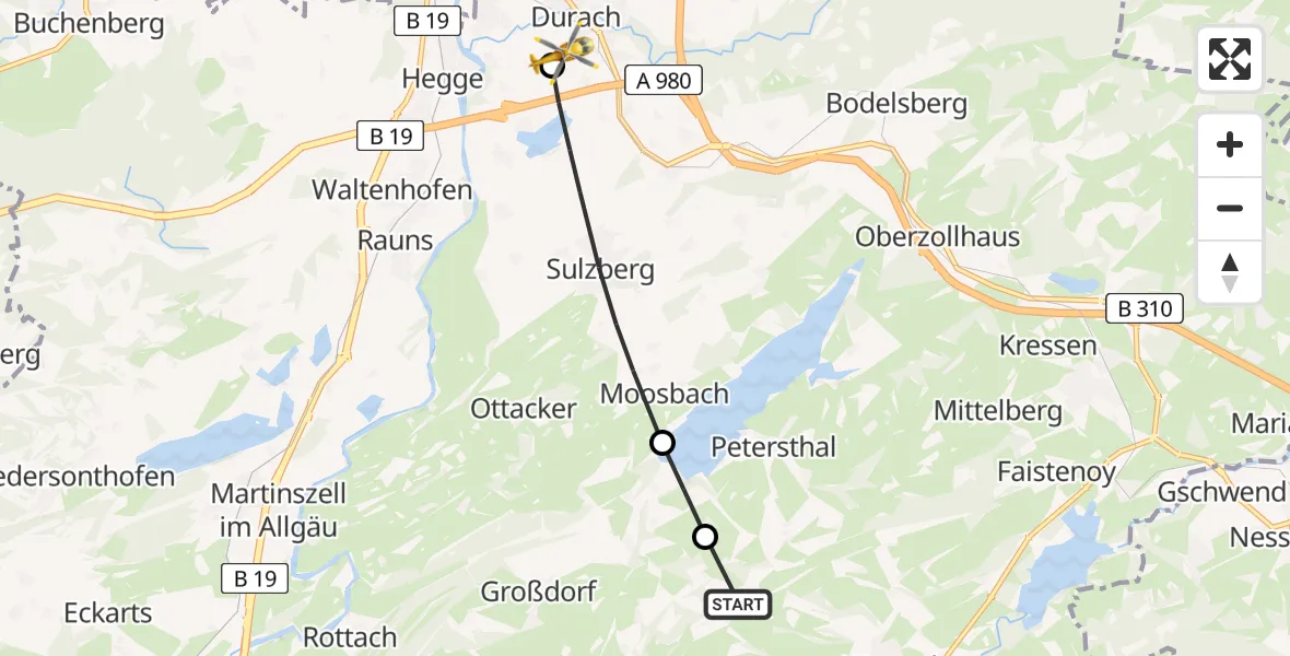 Flugroute Rettungshubschrauber Rettenberg - Kempten-Durach Flugplatz, 02 Juli 2026, 18:58