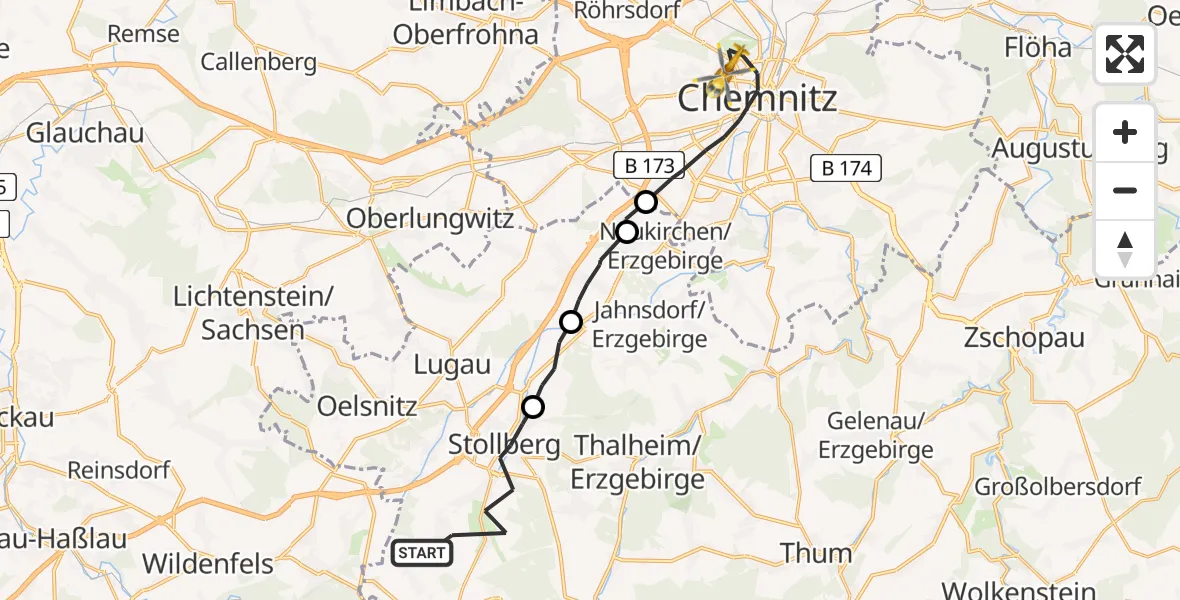 Flugroute Rettungshubschrauber Stollberg/Erzgeb. - Chemnitz, 02 Juli 2026, 19:00
