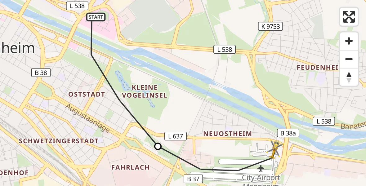 Flugroute Rettungshubschrauber Mannheim - Mannheim-City Flughafen, 02 Juli 2026, 19:06