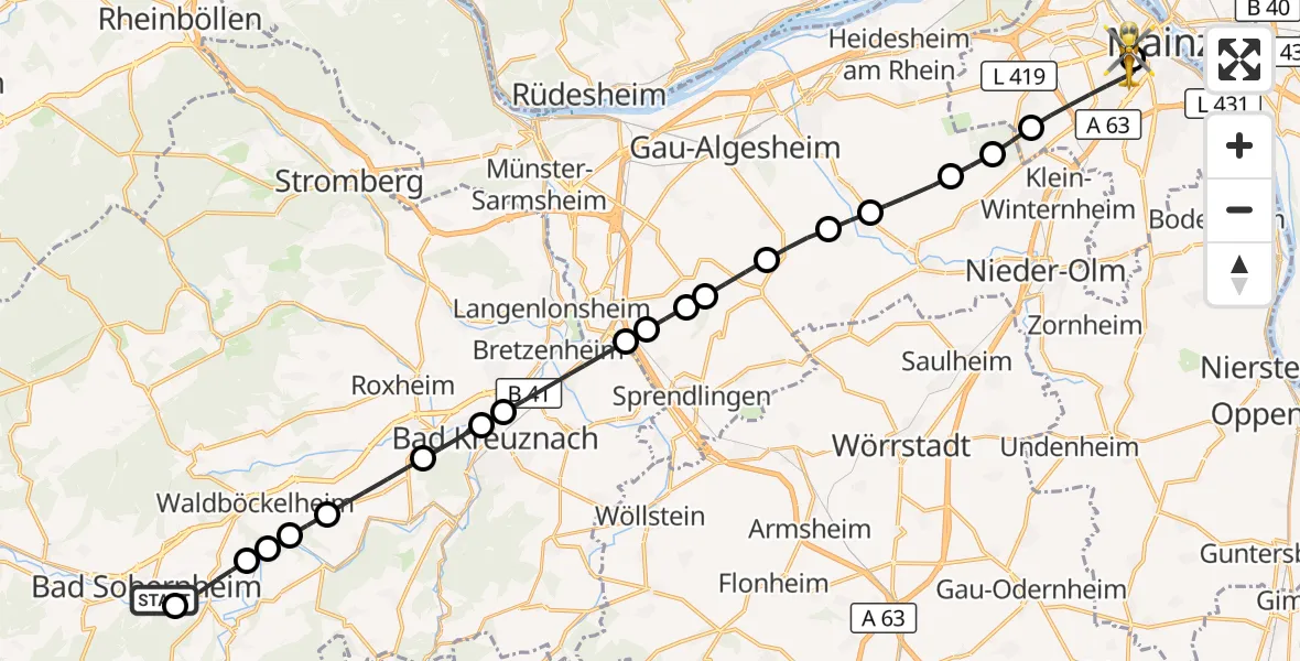 Flugroute Rettungshubschrauber Bad Sobernheim - Mainz University Hospital, 02 Juli 2026, 19:07