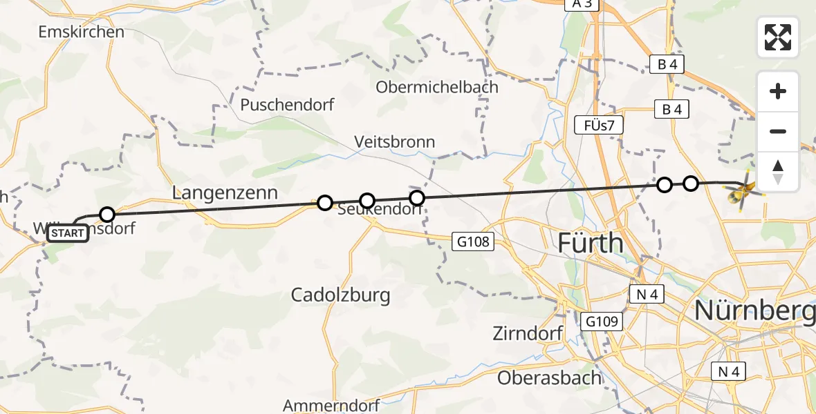 Flugroute Ambulanzhubschrauber Wilhermsdorf - Flughafen Nuremberg, 02 Juli 2026, 19:09