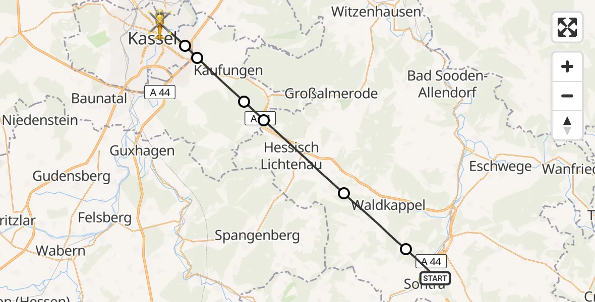 Flugroute Rettungshubschrauber Sontra - Kassel, 02 Juli 2026, 19:11