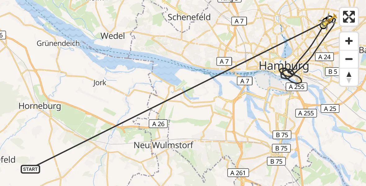 Flugroute Rettungshubschrauber Harsefeld - Hamburg Military Hospital, 02 Juli 2026, 19:14