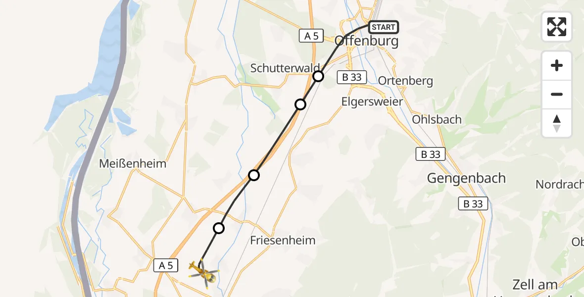 Flugroute Rettungshubschrauber Offenburg - Lahr Flughafen, 02 Juli 2026, 19:16