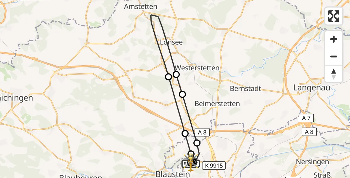 Flugroute Rettungshubschrauber Ulm Military Hospital Emergency - ADAC Air Rescue Station Ulm (Christoph 22), 02 Juli 2026, 19:19