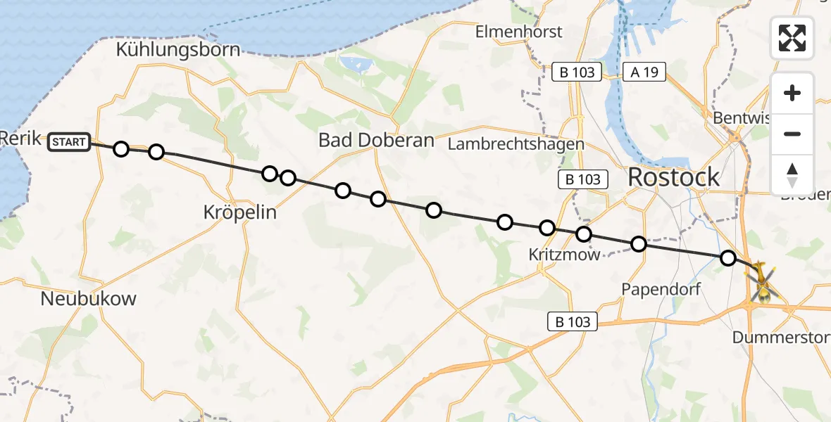 Flugroute Ambulanzhubschrauber Rerik - Dummerstorf, 02 Juli 2026, 19:21