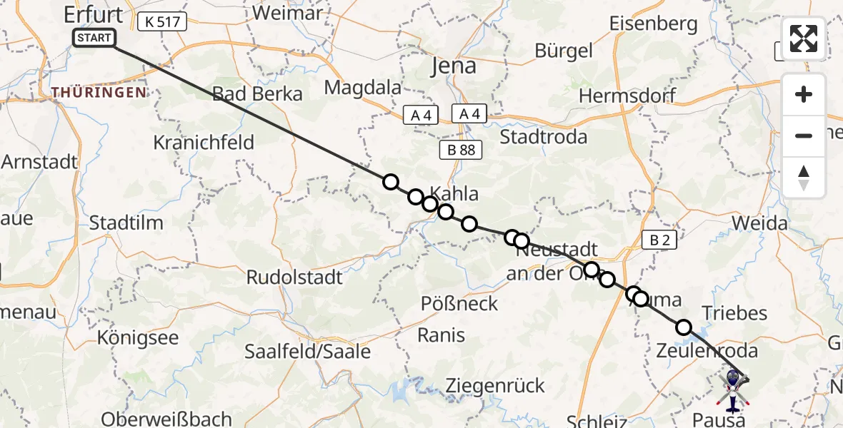 Flugroute Polizeihubschrauber Erfurt - Zeulenroda-Triebes, 02 Juli 2026, 19:21